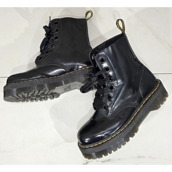 Dr. Martens Molly Leather Platform Boots Satin Ribbon Black Combat Womens 11 - Picture 11 of 15